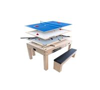 Table Multi Jeux 7 en 1 & Table à Manger 2 Bancs de Rangement Effet Bois Chêne Billard Anglais Ping Pong Air Hockey Echecs Backgammon Ensemble Soirée