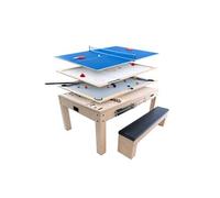Table Multi Jeux 7 en 1 & Table à Manger Banc de Rangement Effet Bois Chêne Billard Anglais Ping Pong Air Hockey Echecs Backgammon Ensemble Soirée