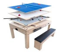 Table Multi Jeux 7 en 1 & Table à Manger Banc de Rangement Effet Bois Chêne Billard Anglais Ping Pong Air Hockey Échecs Backgammon Ensemble Soirée Intérieure Divertissement Bureau [Accessoires INCLUS]