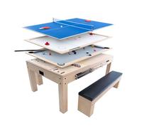 Table Multi Jeux 7 en 1 & Table à Manger Banc de Rangement Effet Bois Chêne Billard Anglais Ping Pong Air Hockey Échecs Backgammon Ensemble Soirée Intérieure Divertissement Bureau [Accessoires INCLUS]