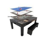 Table Multi Jeux 7 en 1 & Table à Manger Banc de Rangement Gris Billard Anglais Ping Pong Air Hockey Echecs Backgammon Ensemble Soirée Intérieure