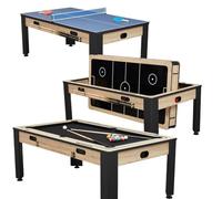 Table multijeux Adulte 4 en 1 Transformable - Billard Americain 7 ft, Air Hockey Électrique, Ping-Pong & Convertible en Table à Manger - Design Industriel Bois Clair, Structure Robuste