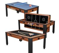 Table multijeux Adulte 4 en 1 Transformable - Billard Americain 7 ft, Air Hockey Électrique, Ping-Pong & Convertible en Table à Manger - Bois Foncé, Structure Robuste