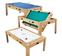 Table multijeux Adulte 4 en 1 Transformable - Billard Americain 7 ft, Air Hockey Électrique, Ping-Pong & Convertible en Table à Manger - Bois Clair, Structure Robuste