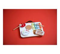 Janod – Table musicale en bois pour bébé, 5 activités, cassette à billes, 2 baguettes, dès 12 mois