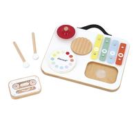 Janod – Table musicale en bois pour bébé, 5 activités, cassette à billes, 2 baguettes, dès 12 mois