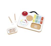 Janod – Table musicale en bois pour bébé, 5 activités, cassette à billes, 2 baguettes, dès 12 mois