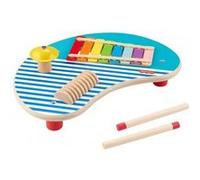 Table musicale en bois 3 instruments musique : xylophone cymbale guiro - bebe enfant 2 ans - activites eveil - set jouet fsc + carte
