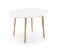 Table ovale extensible Oqui, MDF laqué blanc, pieds en hêtre massif, 120 (200) x 90 cm