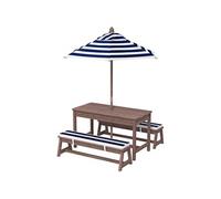 AIYAPLAY Ensemble Salon de Jardin extérieur Enfant, Table Pique-Nique Enfant avec bancs, Coussins et Parasol Amovible, pour Jardin, pelouse, Camping, rayé Bleu Marine et Blanc