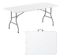 Table Pliante 180 cm en Plastique Robuste, Table Pliable en Deux pour l'intérieur et l'extérieur avec poignée de Transport, tréteaux Utilitaire Blanche pour Les fêtes, Les Mariages,Le cam White Z180B