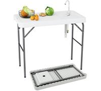 Table Pliante de Jardin 108 CM COSTWAY, Table de Nettoyage Extérieur en HDPE avec Évier, Robinet Pivotant à 360°, Tuyau de Drainage
