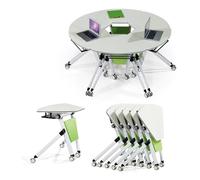 Table Pliante Mobile, Table de Conférence Pliante 6 Pièces, Ensemble Rond Moderne pour Bureau avec roulettes Silencieuses, Table de Réunion Mobile en Bois À Plateau Rabattable pour La Format