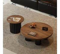 Table pliante multifonctionnelle, Ensemble de 2 tables basses rondes en bois du milieu du siècle, table d'appoint de canapé d'appoint circulaire moderne for salon(80cm combination walnut+black)