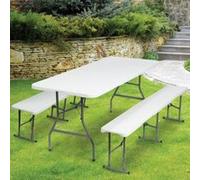 IDMarket Table pliante d'appoint portable 180 cm – 2 bancs pliables – Blanc