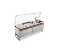 Table Quattroporte OASI 205C avec plancha OASI 55 lisse, évier, mitigeur pliable et feu gaz