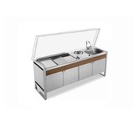 Table Quattroporte OASI 205C avec plancha OASI MIX80 lisse/lisse-rainurée, évier, mitigeur pliable et feu gaz