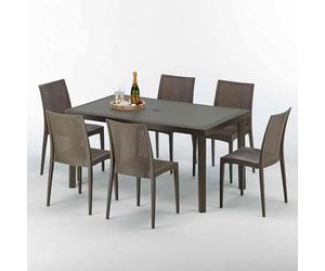 Table rectangulaire 6 chaises Poly rotin resine 150x90 Marron Focus