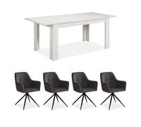 Table repas blanc lavé 160x90 4 chaises gris