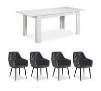 Table repas blanc lavé 160x90 4 chaises velours gris