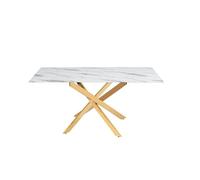 Table Repas JESSICA Gold et plateau en verre 150 cm 4 à 6 couverts - Effet marbré blanc