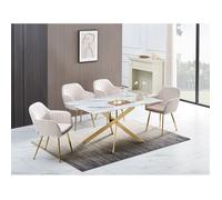 Table Repas JESSICA Gold et plateau en verre 150 cm 4 à 6 couverts - Effet marbré blanc