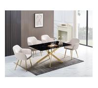 Table Repas JESSICA Gold et plateau en verre 150 cm 4 à 6 couverts - Effet marbré noir