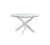 RITHA - Table Ronde 120cm Pieds Métal Blanc et Plateau en Verre -