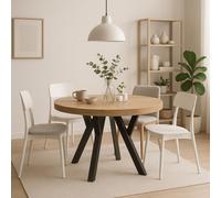 Table ronde à rallonges pour la salle à manger, PERO, style loft, scandinave, diamètre : 90 / 140 cm, couleur : chêne Craft Golden / noir