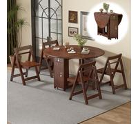 Table Ronde avec 4 Chaises, Table à Manger Pliable en Bois Massif avec Tiroirs de Rangement, for Cuisine, Appartement, roulettes Verrouillables à 360°, 3 Formes de Pliage, Capacité de Poids de 880 LB