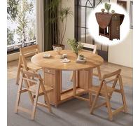 Table Ronde avec 4 Chaises, Table à Manger Pliable en Bois Massif avec Tiroirs de Rangement, for Cuisine, Appartement, roulettes Verrouillables à 360°, 3 Formes de Pliage, Capacité de Poids de 880 LB