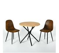 Table ronde bois foncé 80 cm et 2 chaises marron simili suède pieds noirs - Ensemble bistrot vintage URBAN MEUBLE compact intérieur