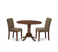 Table ronde de salle à manger 3 pièces de 106,7 cm avec deux feuilles tombantes de 22,9 cm et 2 chaises Parson avec pieds en acajou et tissu en lin Café