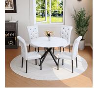 Table ronde en marbre avec chaises - Table ronde en marbre blanc - Chaises blanches en similicuir - Capitonnage élégant