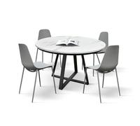 Table ronde PANTELLERIA en bois, finition blanc statuaire et pieds en métal noir, extensible Ø120 x H75,3 cm - 170 x 120 x 75,3 cm