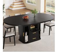 Table ronde transformable en ovale avec 3 niveaux de rangement, Table extensible 118 à 158 cm pour Salle à Manger et Salon, Noir