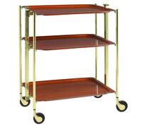 Table roulante pliante, desserte de cuisine 3 étages montants dorés plateaux stratifiés bois Orme Textable