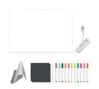 Tableau à dessin LED en acrylique - USB - Lumière chaude - Tableau de notes transparent effaçable à sec avec crayons de couleur, support, tissu, écriture créative et