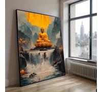 Tableau à l'huile sur toile représentant un Bouddha doré, affiche imprimée sur le thème de la cascade, art mural de méditation zen pour le salon, décoration intérieure (70 x 100 cm / cadre intérieur)