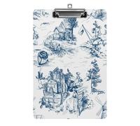 Tableau à pince en acrylique blanc, motif toile de Jouy classique, scènes de pêche dans un vieux village. Format lettre. Pince métallique. Porte-documents robuste en plastique rigide pour le bureau,
