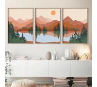 Tableau Abstrait Bohème Style Milieu du Siècle Imprimé sur Toile Représentant un Lac de Montagne et Des Arbres Décoration Murale Nordique pour Salon Ou Bureau-(50*70cm/20*27pouce)*3PCS-Non encadré