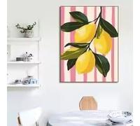 Tableau abstrait citrons et pêches, imprimé sur toile à rayures roses, idéal pour la décoration murale de la cuisine ou de la maison (30 x 40 cm, sans cadre)
