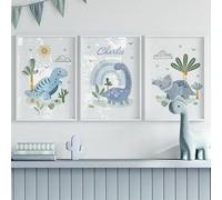 Tableau Abstrait de Style Dessin Animé Représentant un Tricératops et un Brachiosaure Imprimé sur Toile Style Moderne Idéal pour la Décoration du Salon et de la Maison-50*70cm*3pcs (Pas encadré)