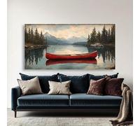Tableau abstrait encadré représentant un canoë sur un lac - Impression sur toile moderne et rétro avec cadre, représentant un paysage serein de lac et de montagnes, idéal pour le salon (50x102cm