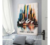Tableau abstrait grand format sur toile 40x60cm (16x24 pouces) représentant un paysage urbain entre Sydney et New York, idéal pour le salon, la chambre, la cuisine, le couloir ou les escaliers.