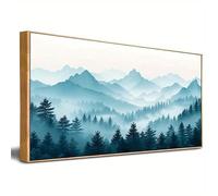 Tableau abstrait moderne représentant des montagnes bleues brumeuses,paysage bleu et blanc,impression sur toile horizontale pour la décoration du salon (70 x 150 cm(28 x 59 pouces),avec cadre doré)