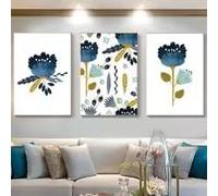 Tableau abstrait printanier floral bleu et jaune sur toile, fleurs et feuilles, art mural, impressions nordiques, affiche, décoration pour la maison et le salon (80 x 120 cm x 3 / sans cadre)