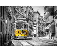 Tableau acrylique 90 x 60 cm : ligne de chemin de fer jaune 28, photographie en noir et blanc Lisbonne Portugal (146566557)