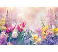 Tableau acrylique 90 x 60 cm : un jardin vivant présente une variété de fleurs en fleurs, roses, jaunes et violets. La lumière du soleil douce filtre et (243384937)