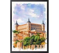 Tableau Alcázar de Toledo en aquarelle - Poster Toledo avec cadre | Décoration pour salon, tableaux architecturaux, décoration classique, tableaux décoratifs traditionnels, Espagne